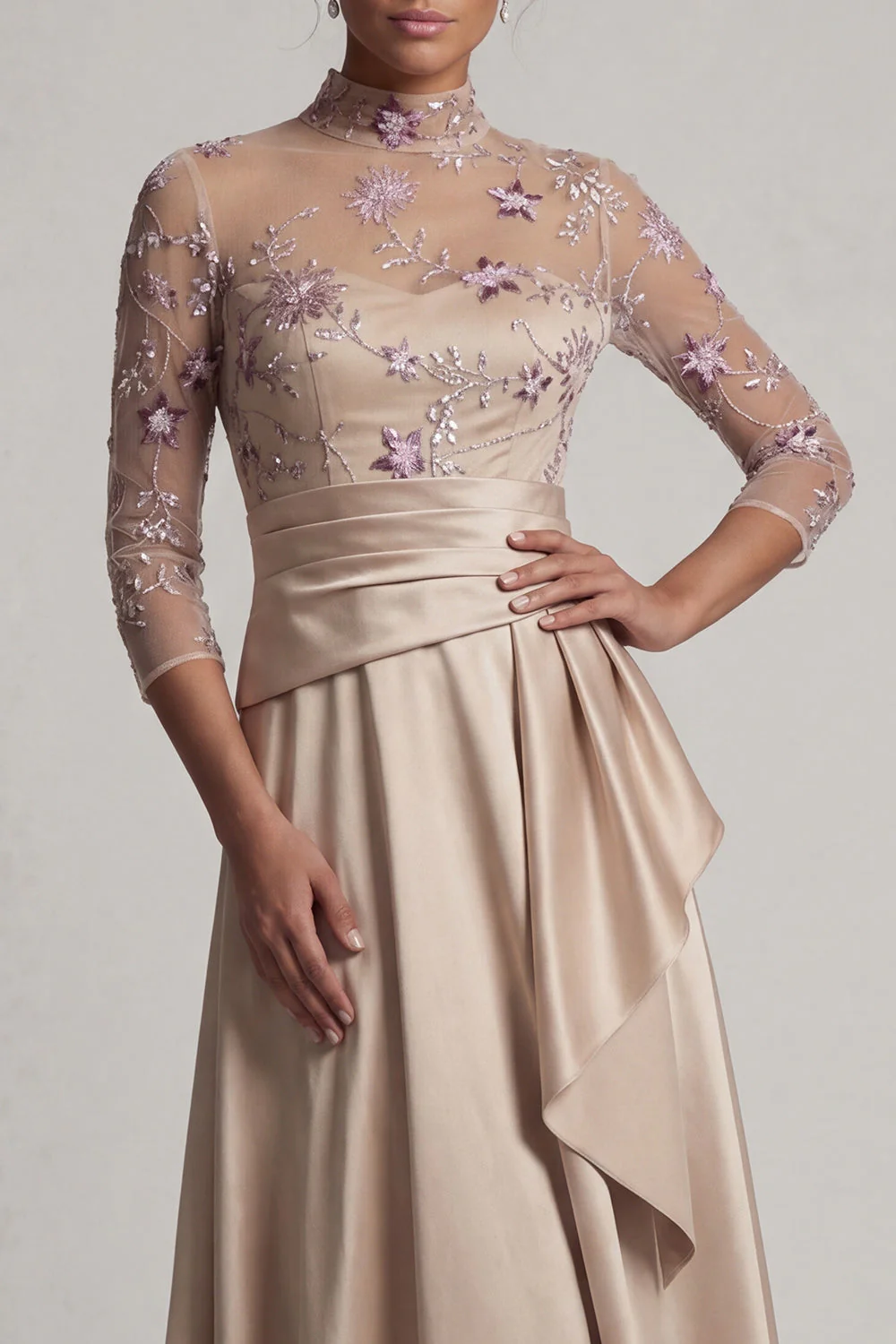 Champagne A Line 3/4 Sleeves Long Mother of the Bride Dress - Image 4