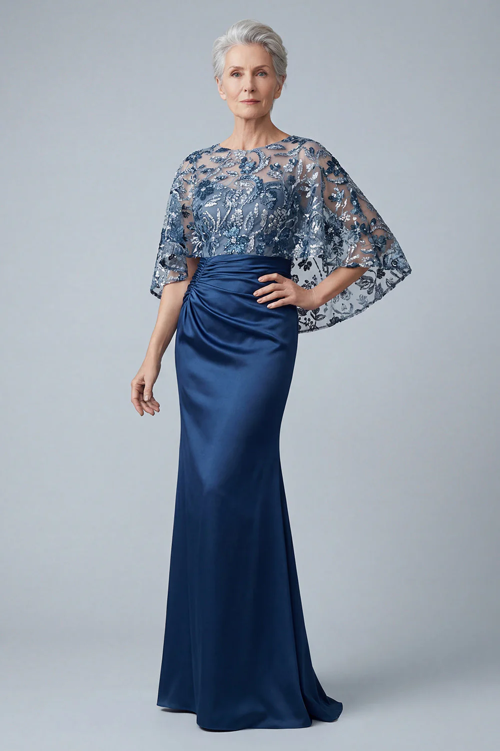 Sparkly Floral Navy Sequin Mermaid Long Ruched Mother of the Bride Dress
