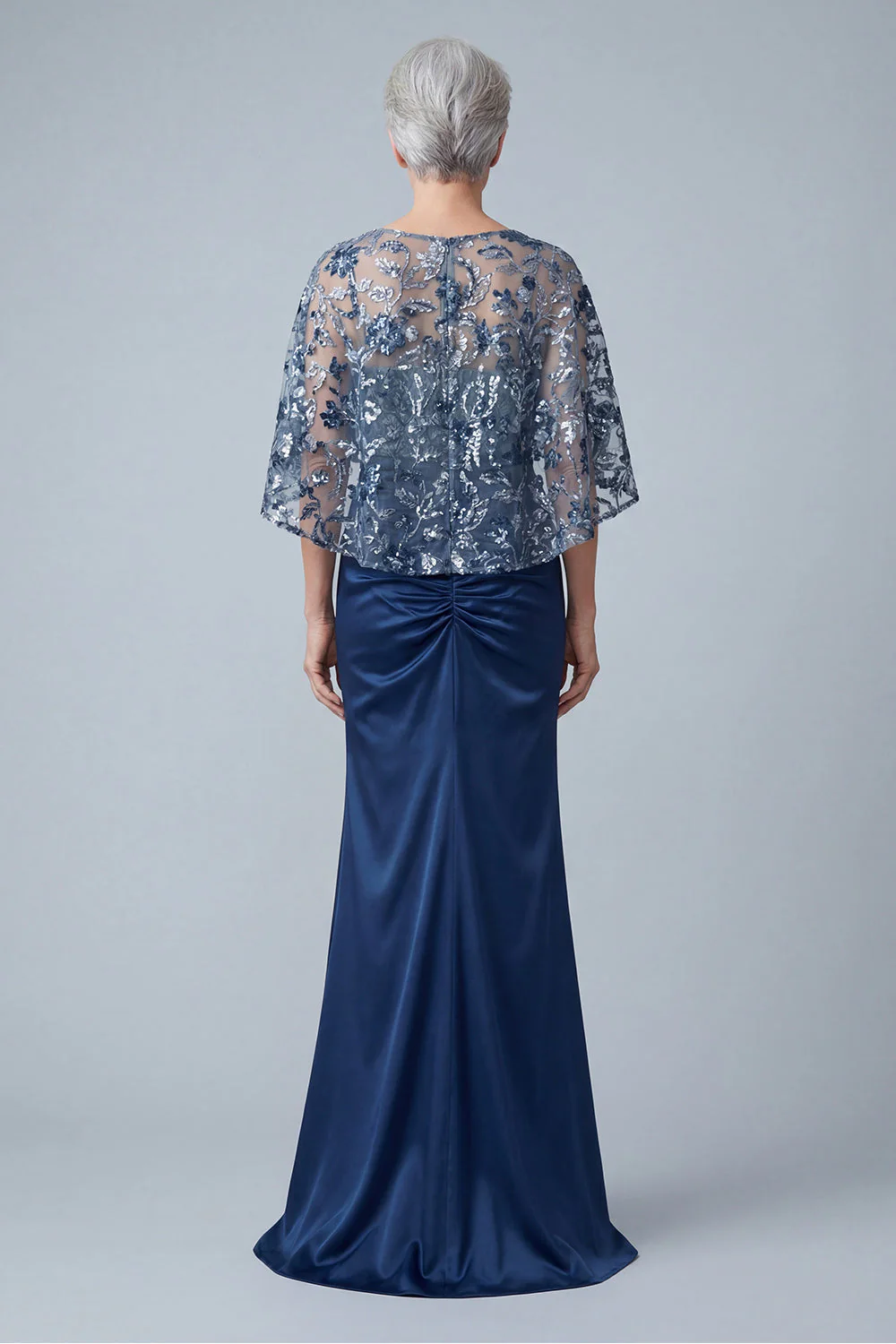 Sparkly Floral Navy Sequin Mermaid Long Ruched Mother of the Bride Dress - Image 2