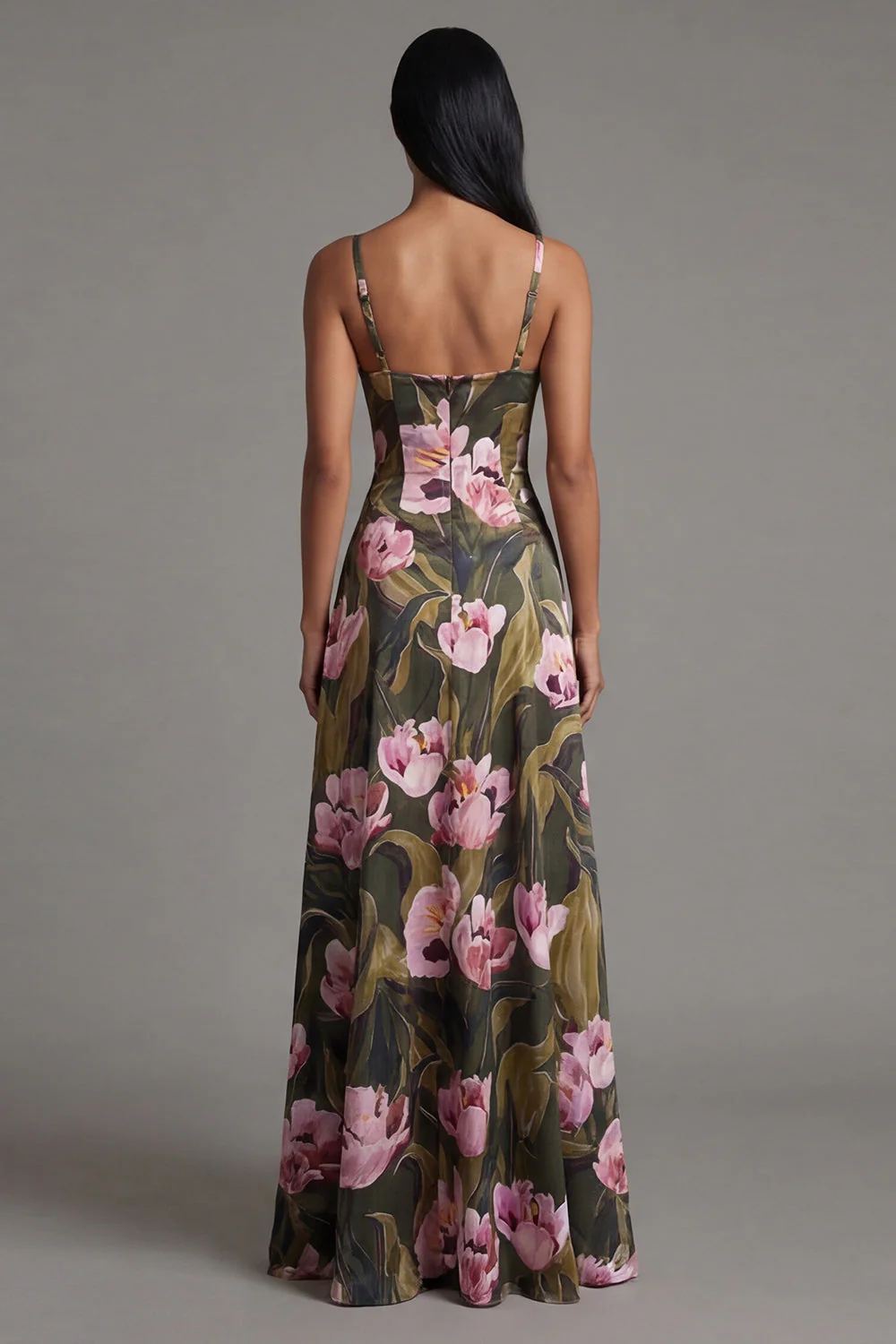 Floral Olive Spaghetti Straps A Line Long Floral Dress - Image 2