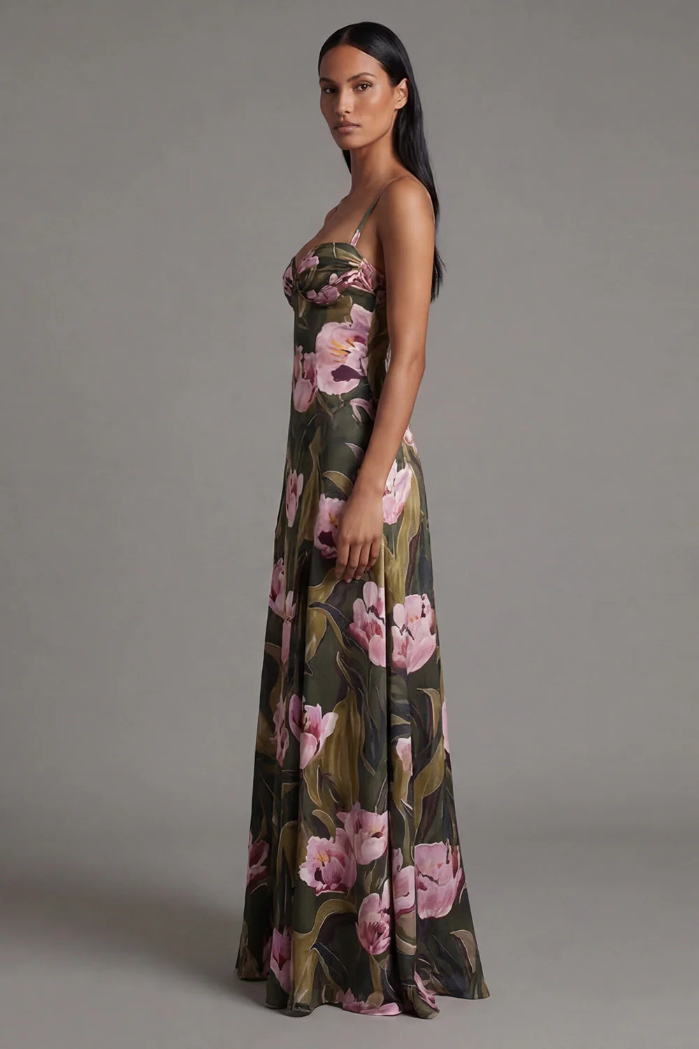 Floral Olive Spaghetti Straps A Line Long Floral Dress - Image 3