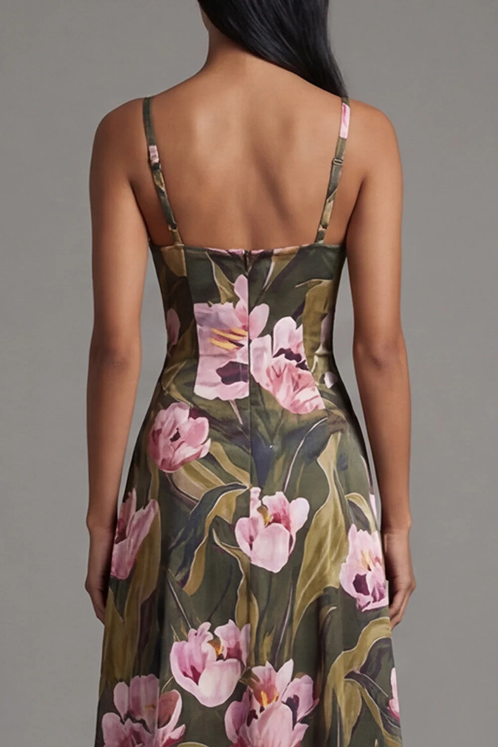 Floral Olive Spaghetti Straps A Line Long Floral Dress - Image 5