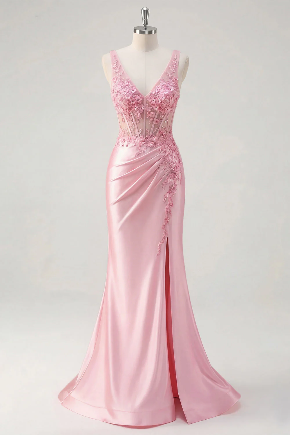 Floral Pink V-Neck Ruched Mermaid Corset Long Prom Dress with Slit - Image 5