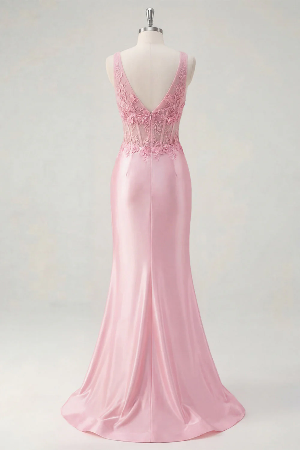 Floral Pink V-Neck Ruched Mermaid Corset Long Prom Dress with Slit - Image 6