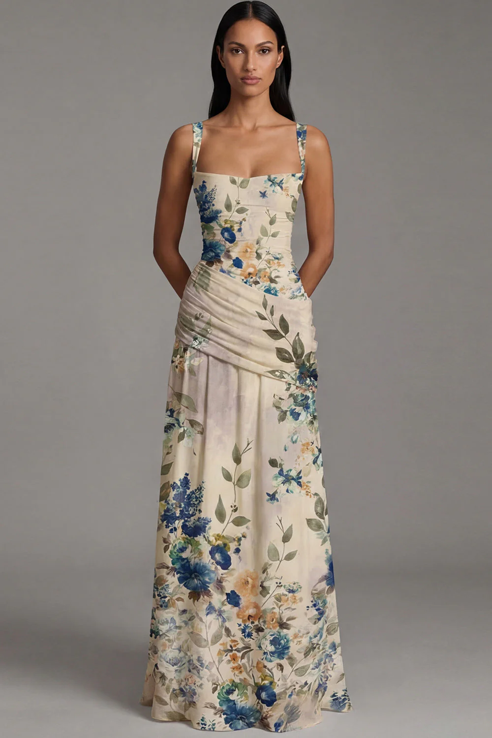 Floral Ruched Ivory Square Neck A Line Maxi Dress