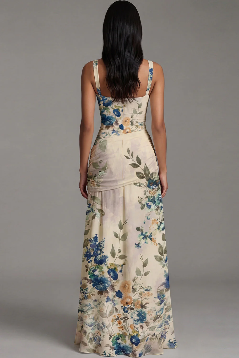 Floral Ruched Ivory Square Neck A Line Maxi Dress - Image 2
