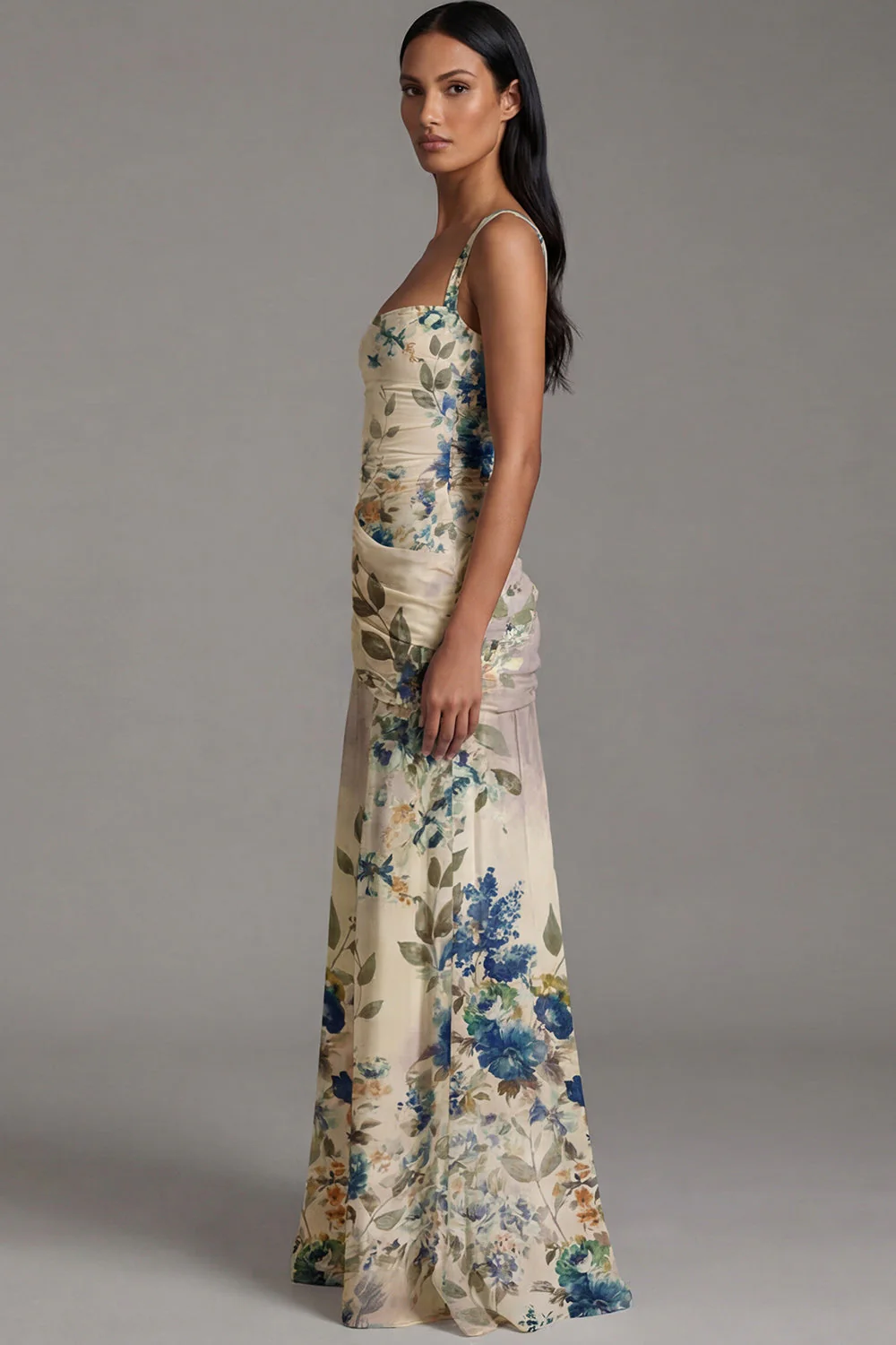 Floral Ruched Ivory Square Neck A Line Maxi Dress - Image 3