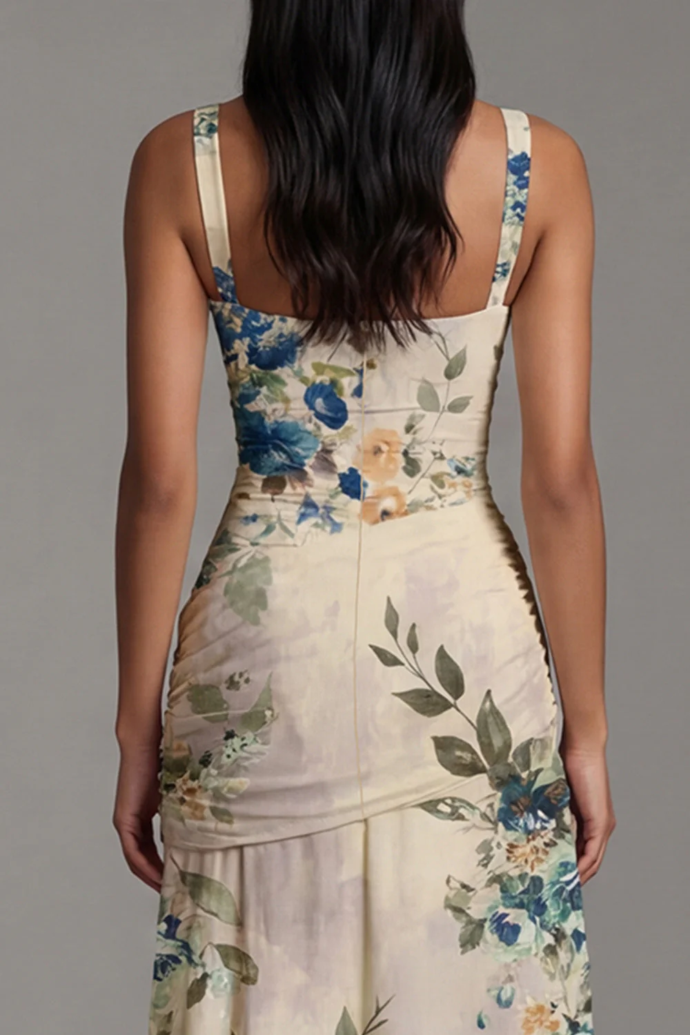Floral Ruched Ivory Square Neck A Line Maxi Dress - Image 5