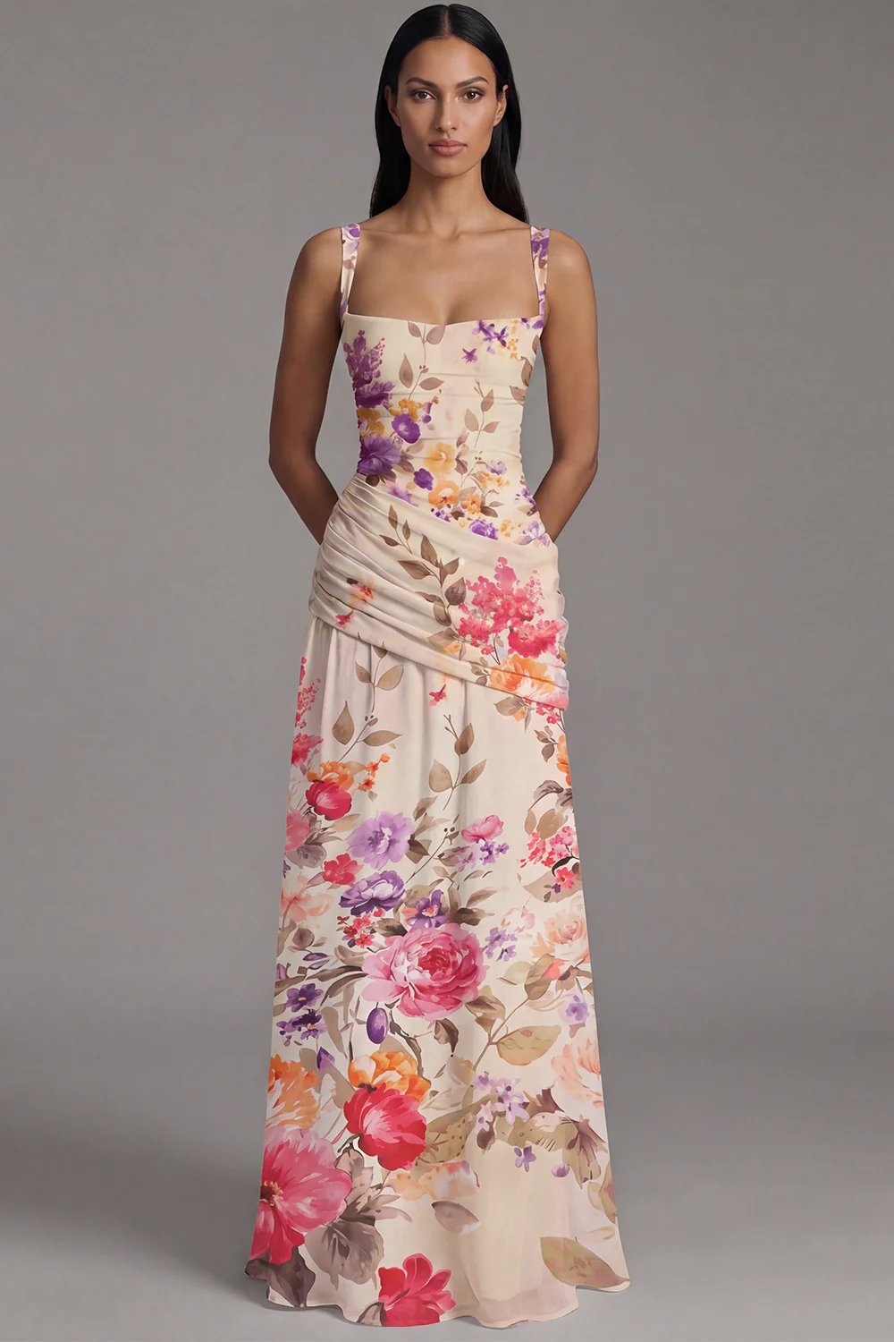 Floral Ruched Ivory Square Neck A Line Maxi Dress - Image 6
