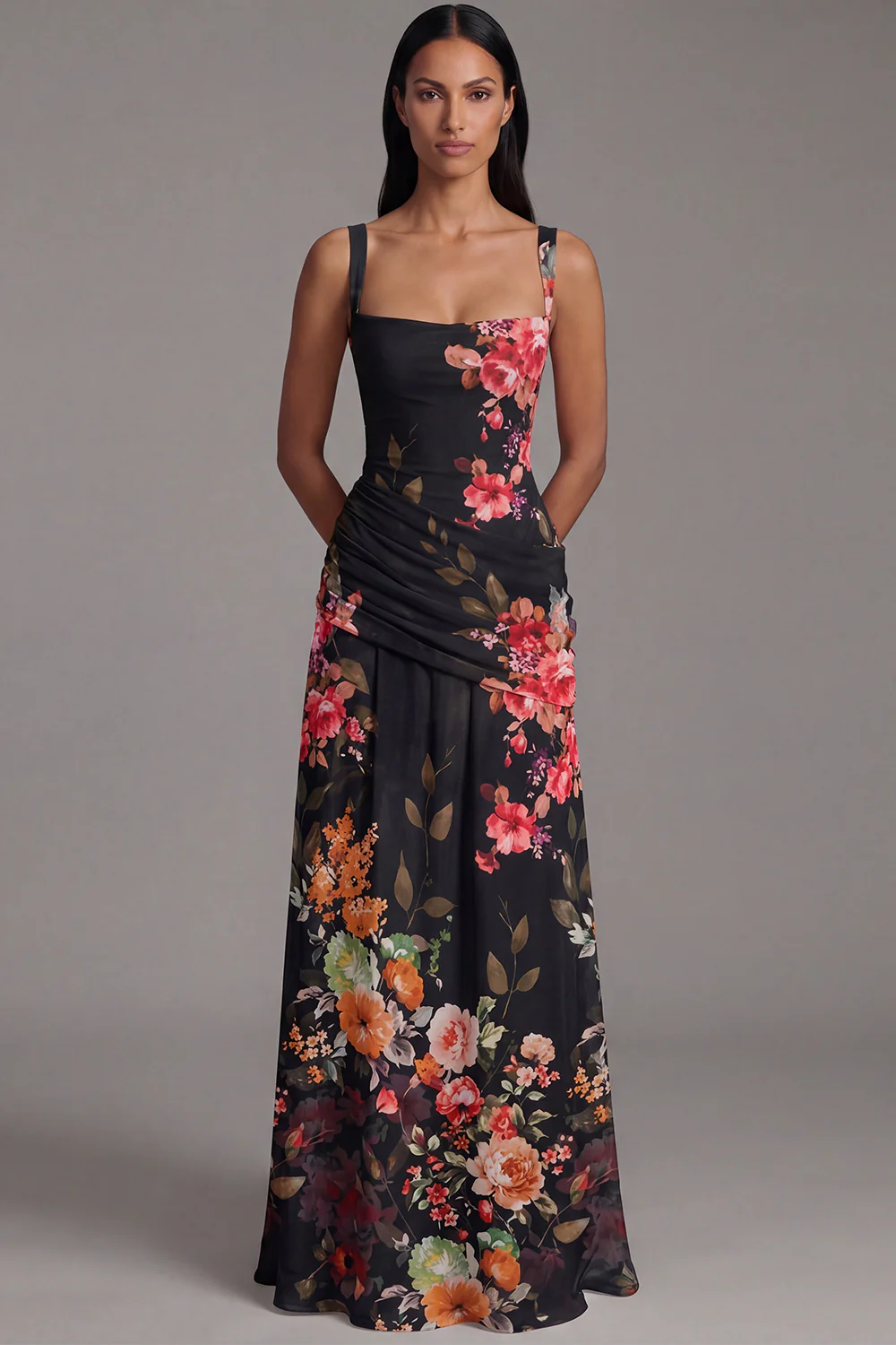 Floral Ruched Ivory Square Neck A Line Maxi Dress - Image 7