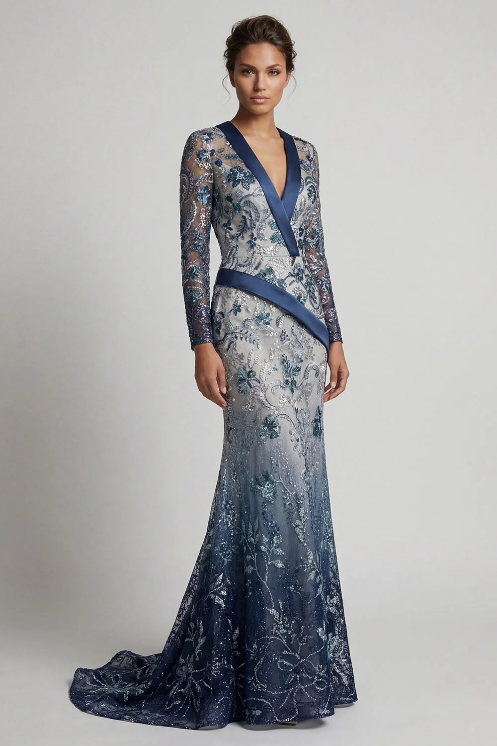Navy Floral V Neck Mermaid Sequin Mother of the Bride Dress
