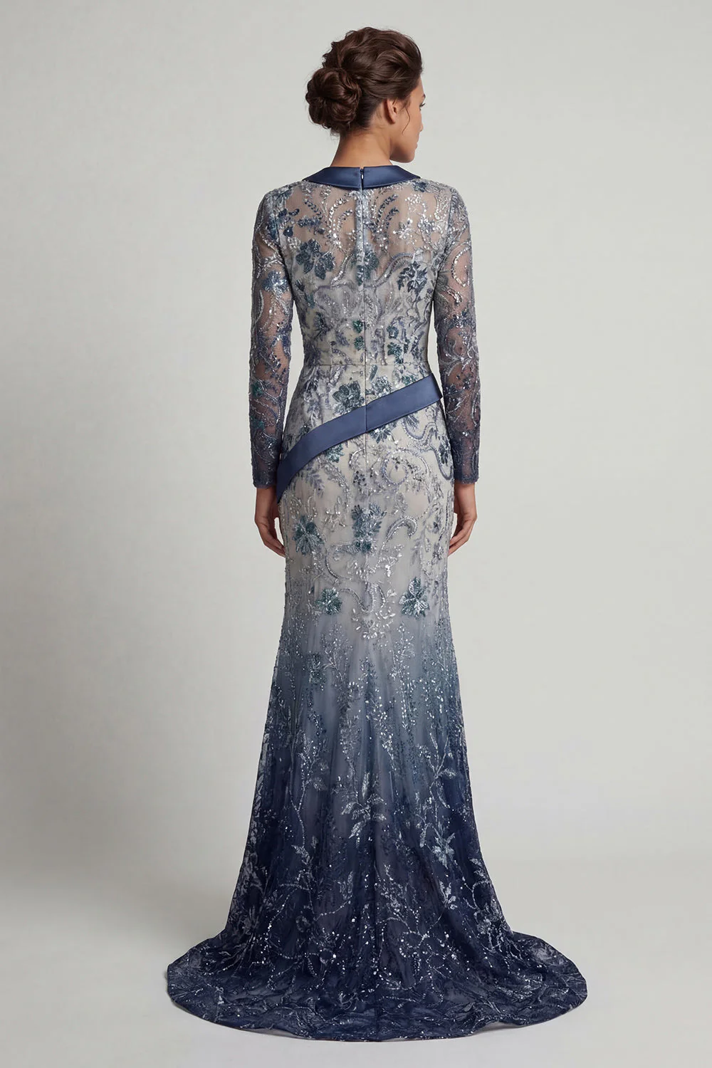 Navy Floral V Neck Mermaid Sequin Mother of the Bride Dress - Image 2