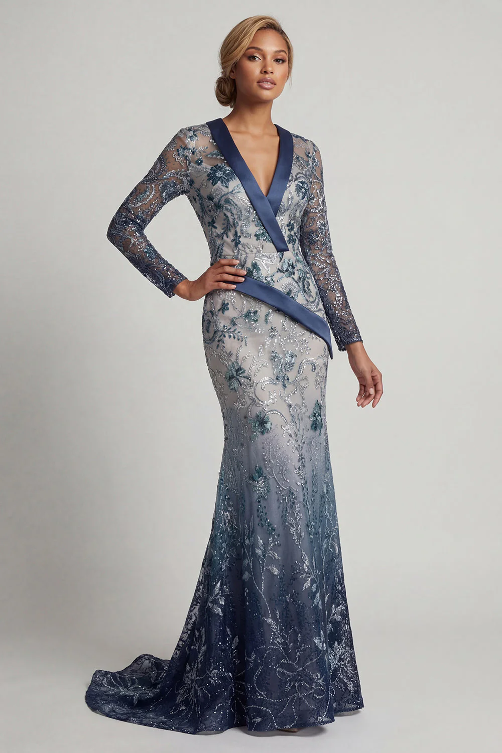 Navy Floral V Neck Mermaid Sequin Mother of the Bride Dress - Image 3