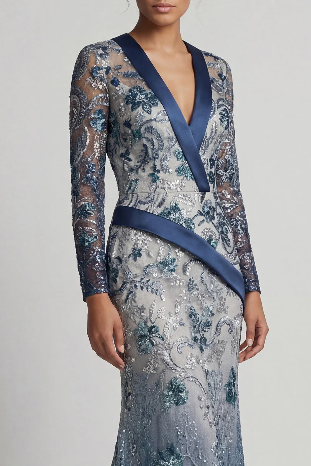 Navy Floral V Neck Mermaid Sequin Mother of the Bride Dress - Image 4