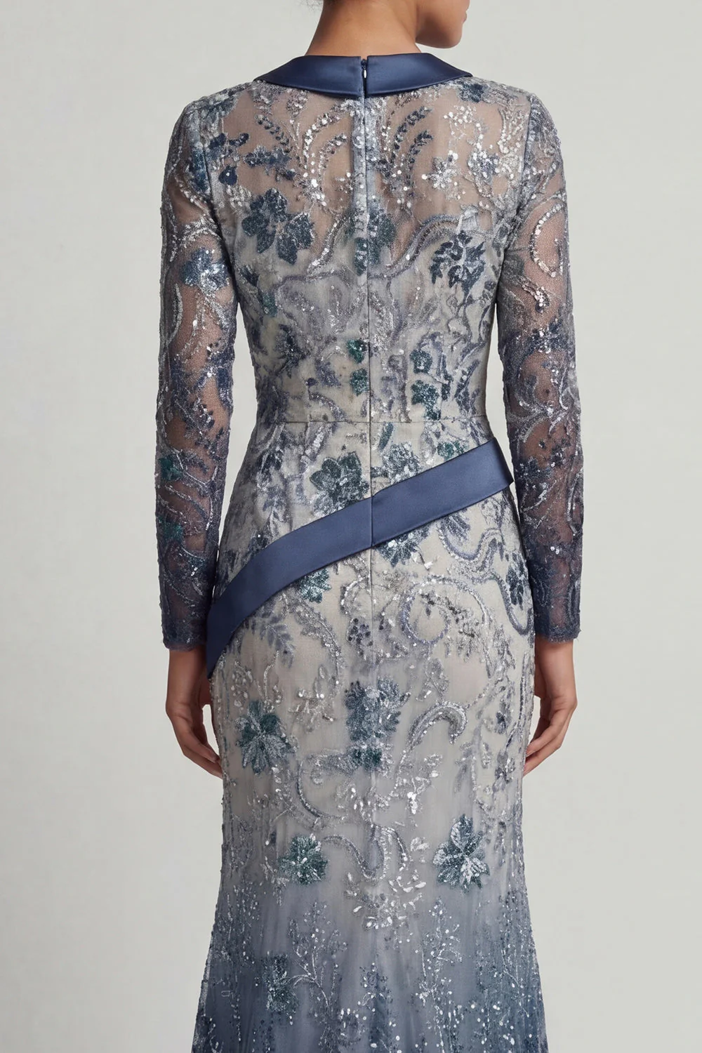 Navy Floral V Neck Mermaid Sequin Mother of the Bride Dress - Image 5