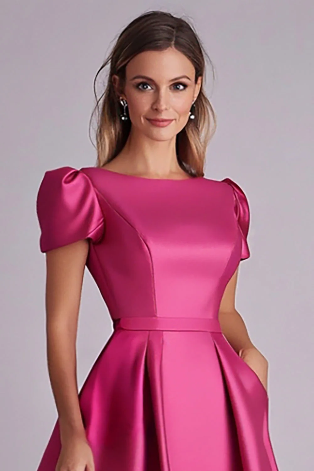Fuchsia A Line Puff Sleeves Mother of the Bride Dress - Image 2