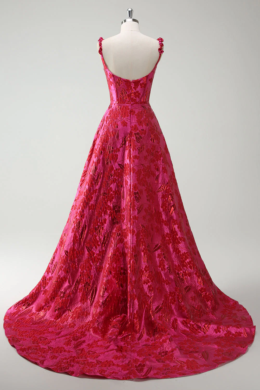 Fuchsia A-Line Spaghetti Straps Floral Jacquard Long Prom Dress with Slit - Image 2