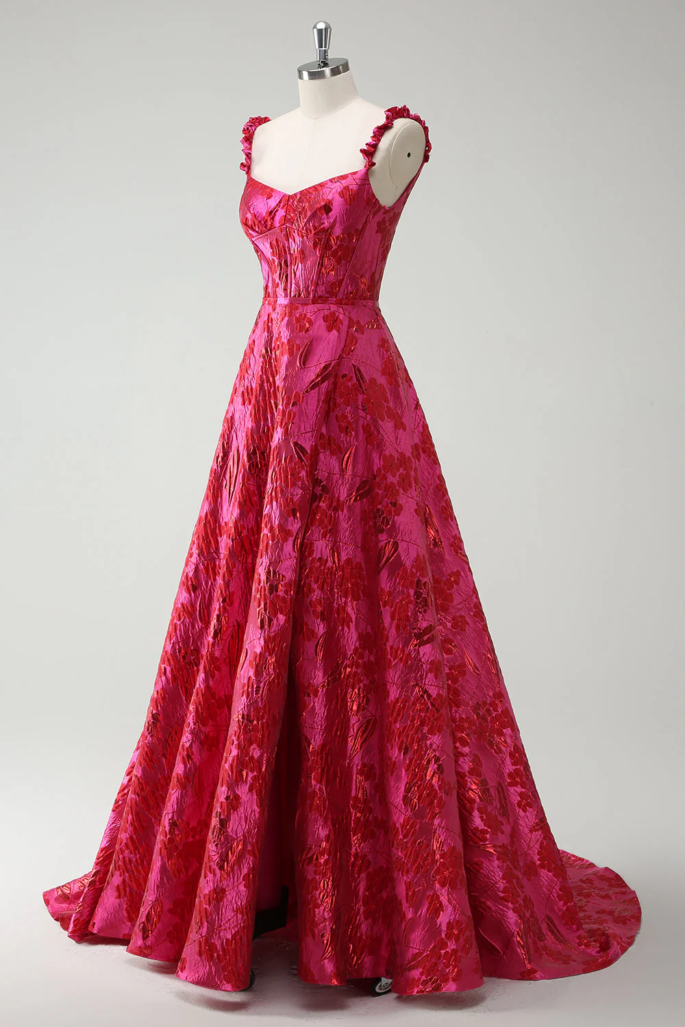 Fuchsia A-Line Spaghetti Straps Floral Jacquard Long Prom Dress with Slit - Image 3