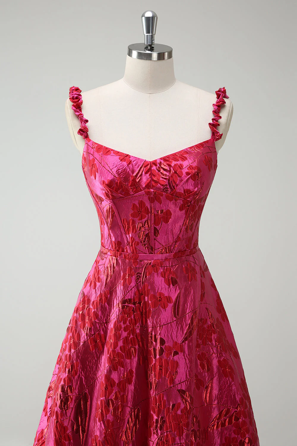 Fuchsia A-Line Spaghetti Straps Floral Jacquard Long Prom Dress with Slit - Image 4