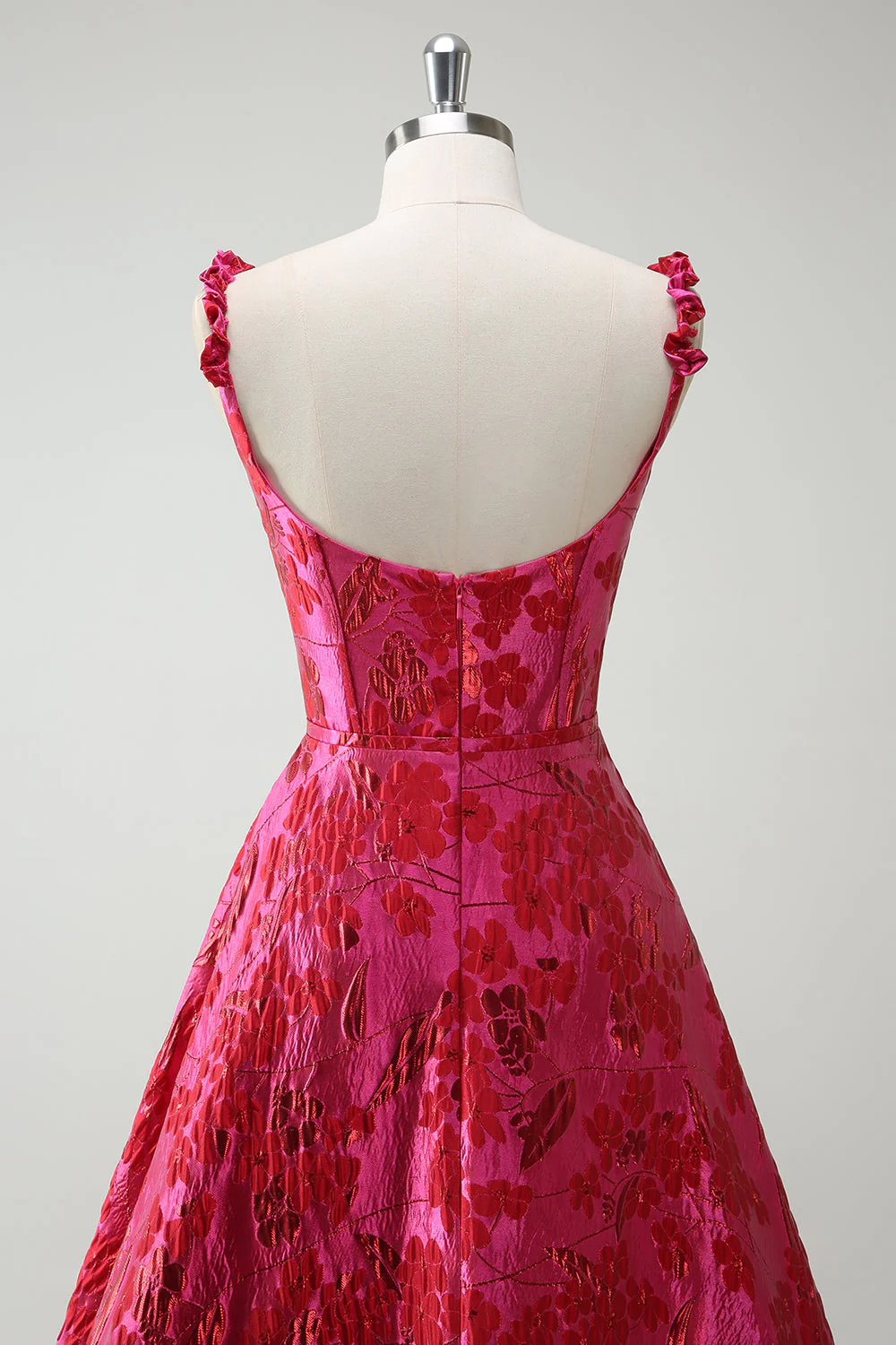 Fuchsia A-Line Spaghetti Straps Floral Jacquard Long Prom Dress with Slit - Image 5