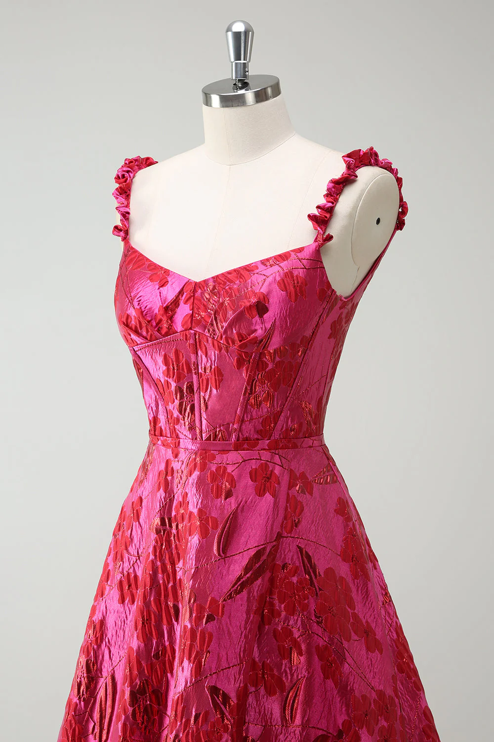 Fuchsia A-Line Spaghetti Straps Floral Jacquard Long Prom Dress with Slit - Image 6