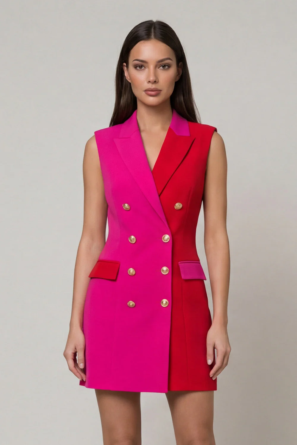 Fuchsia and Red Bodycon Peaked Lapel Double Breasted Work Dress