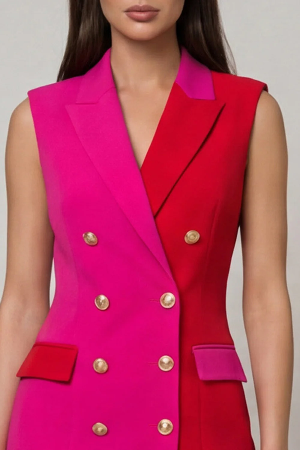 Fuchsia and Red Bodycon Peaked Lapel Double Breasted Work Dress - Image 3