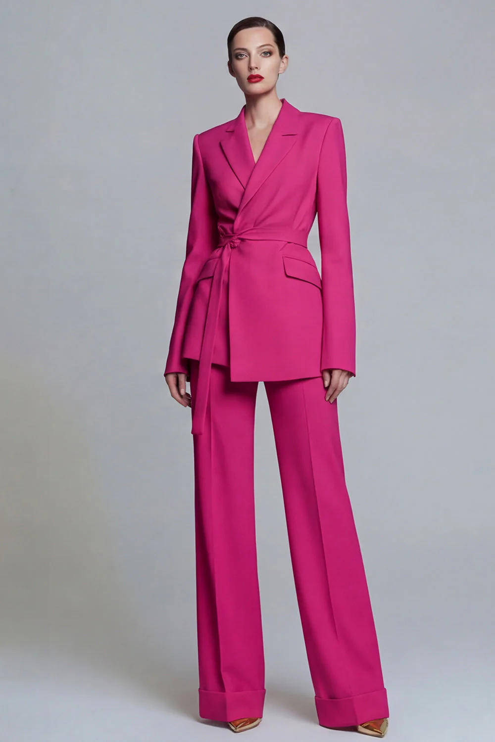 Fuchsia Notched Lapel 2-piece One Button Women's Work Suits with Belt