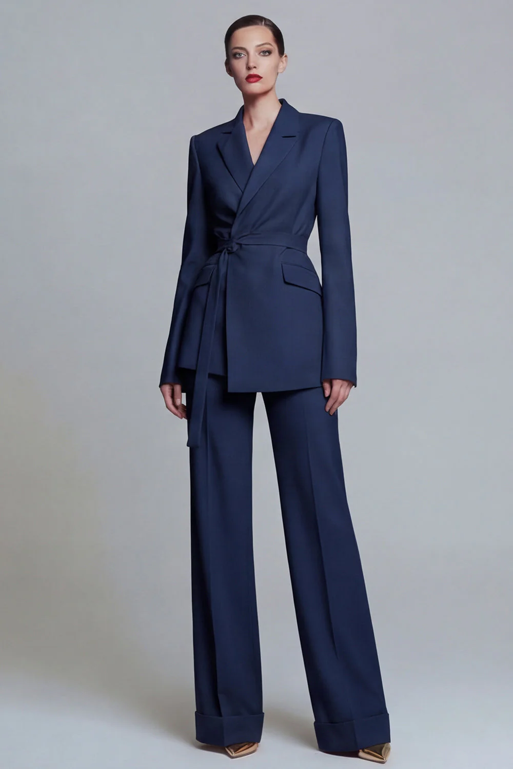 Fuchsia Notched Lapel 2-piece One Button Women's Work Suits with Belt - Image 11