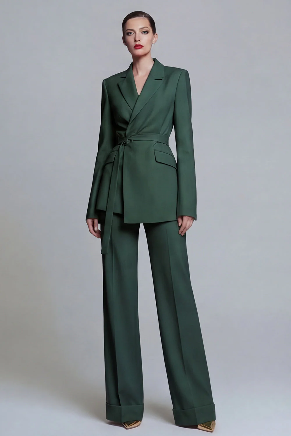 Fuchsia Notched Lapel 2-piece One Button Women's Work Suits with Belt - Image 13
