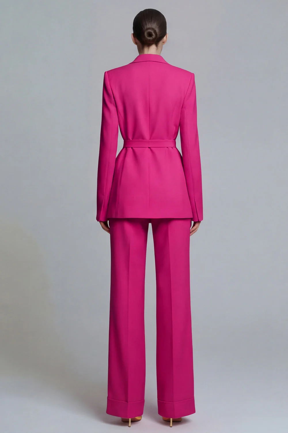 Fuchsia Notched Lapel 2-piece One Button Women's Work Suits with Belt - Image 2