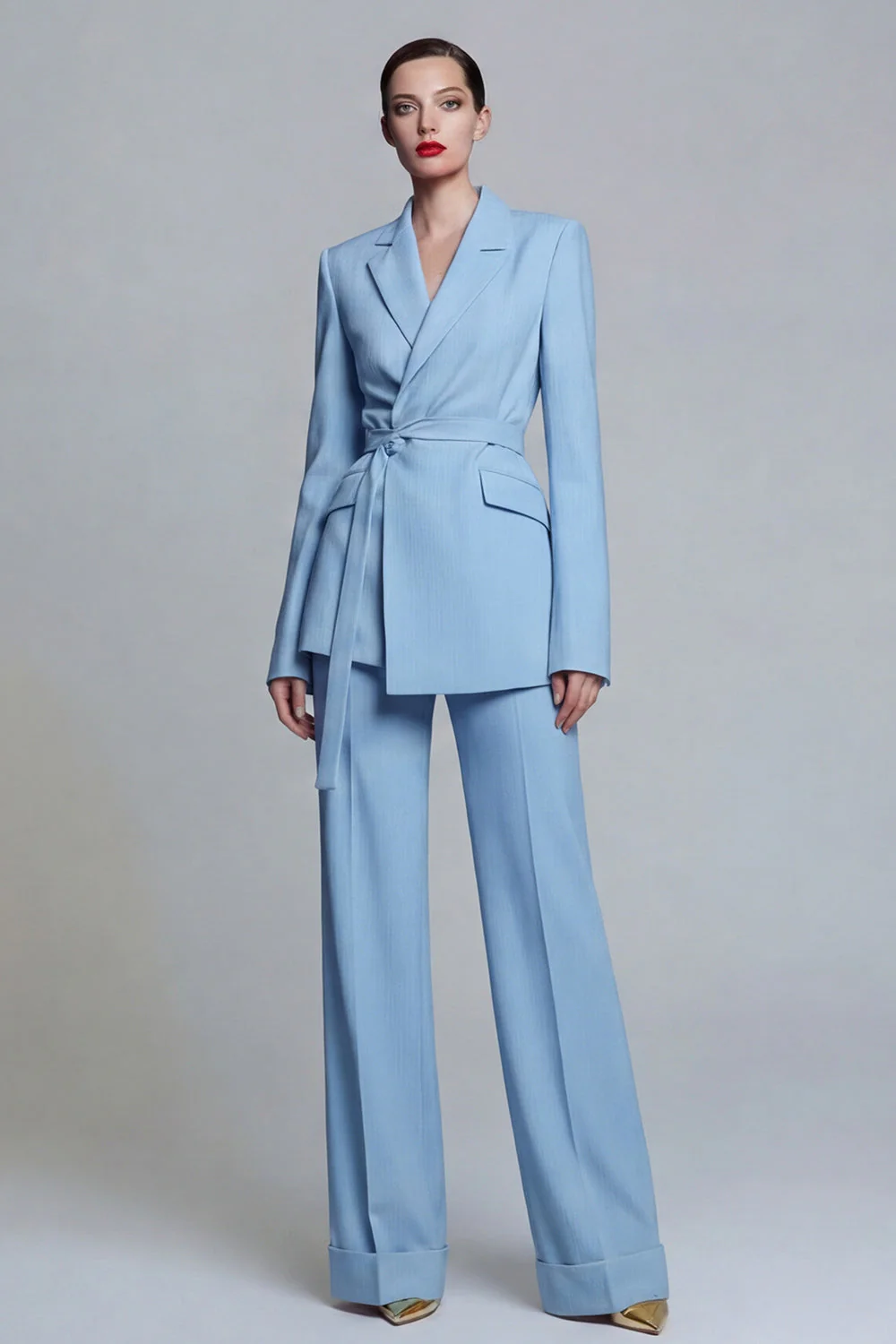 Fuchsia Notched Lapel 2-piece One Button Women's Work Suits with Belt - Image 3