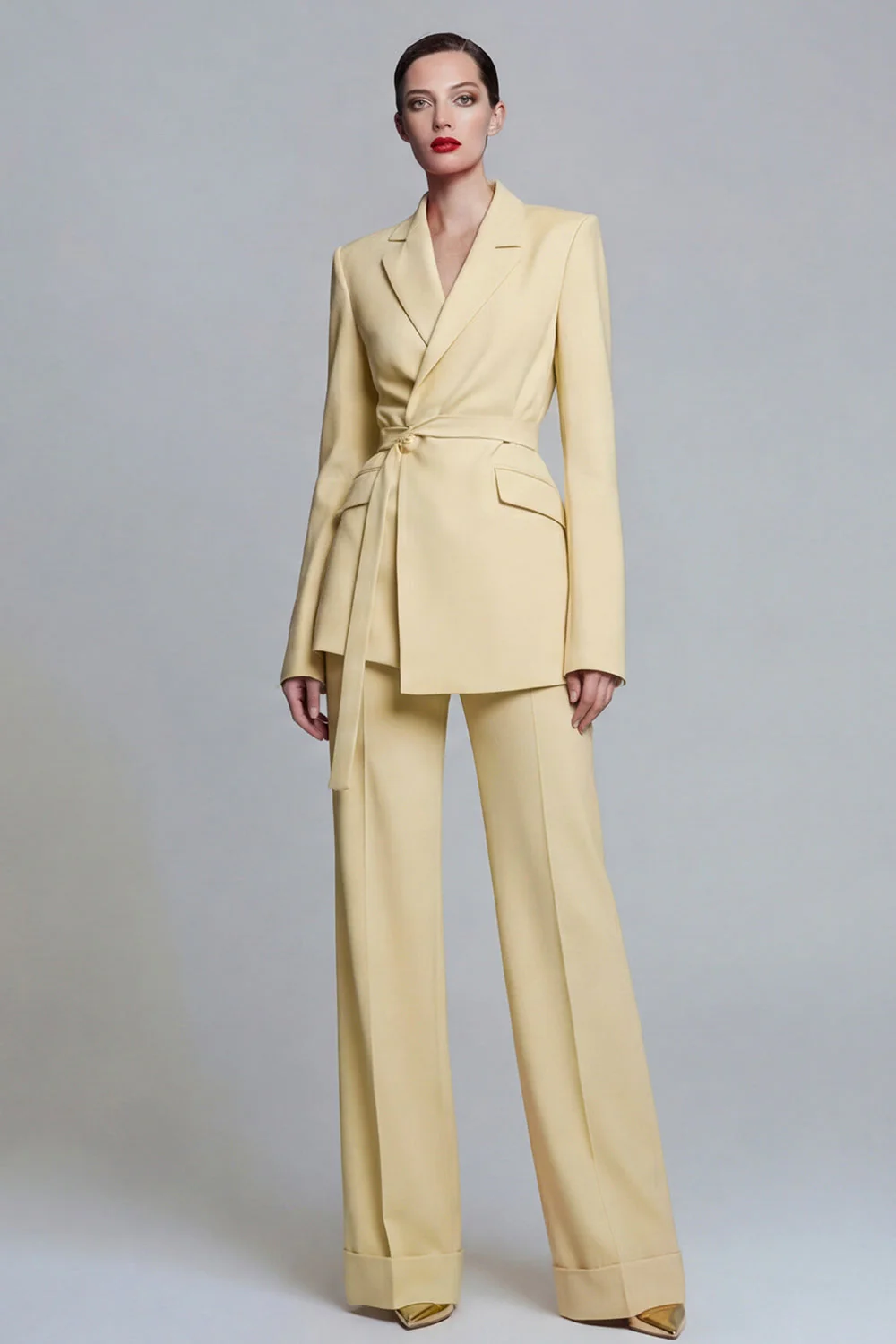 Fuchsia Notched Lapel 2-piece One Button Women's Work Suits with Belt - Image 5