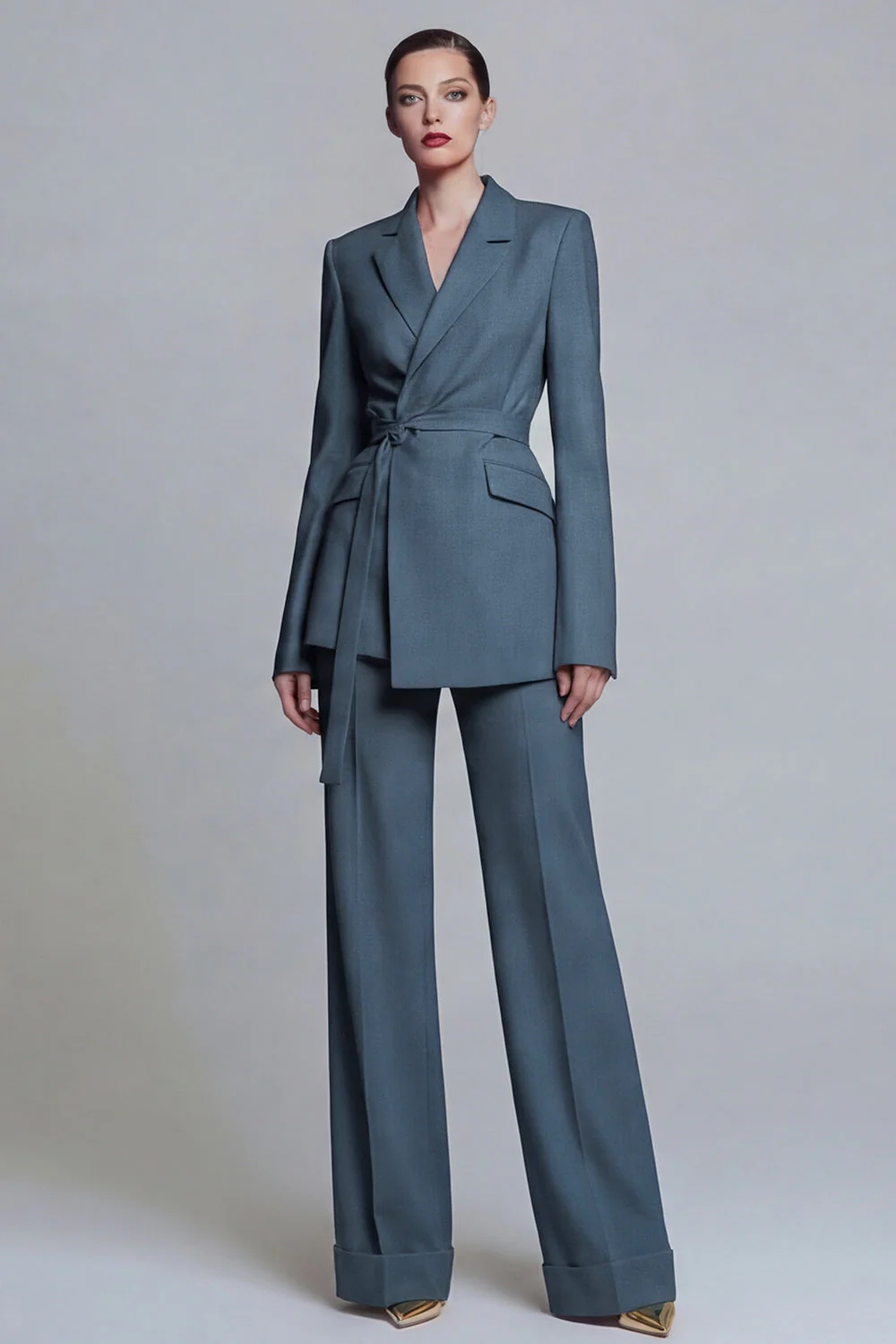 Fuchsia Notched Lapel 2-piece One Button Women's Work Suits with Belt - Image 7