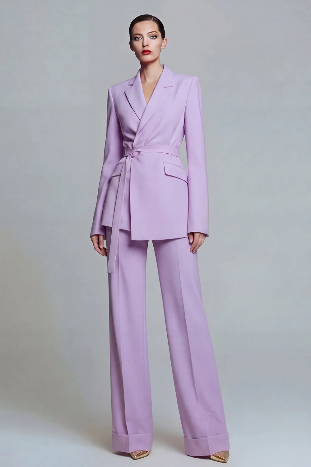 Fuchsia Notched Lapel 2-piece One Button Women's Work Suits with Belt - Image 9