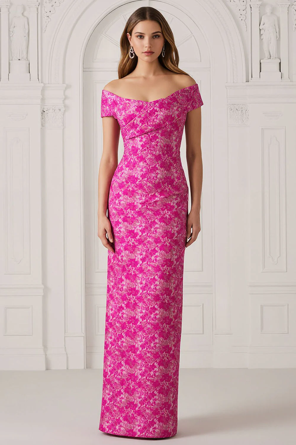 Fuchsia Off the Shoulder Flower Sheath Long Mother of the Bride Dress
