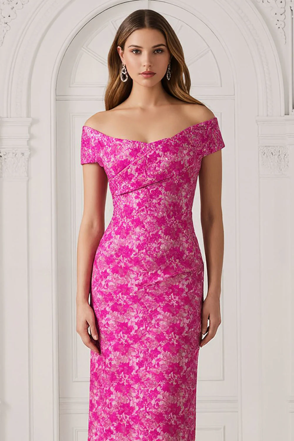 Fuchsia Off the Shoulder Flower Sheath Long Mother of the Bride Dress - Image 2