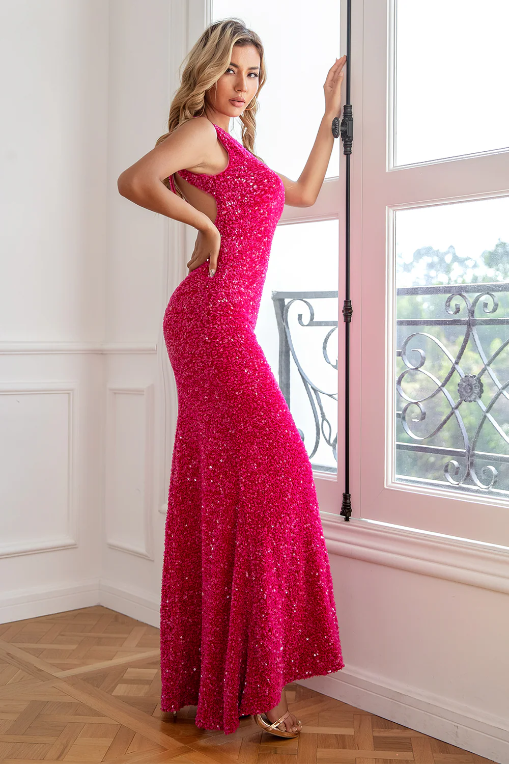 Fuchsia Sequin Long Prom Dress with Slit - Image 3