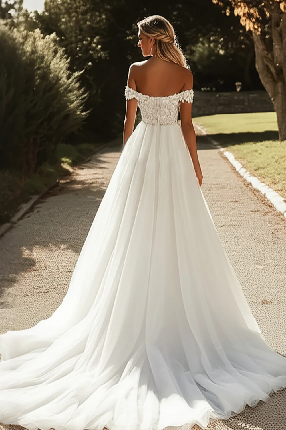 Glitter A Line Off the Shoulder Tulle Ivory Wedding Dress with Appliques - Image 2