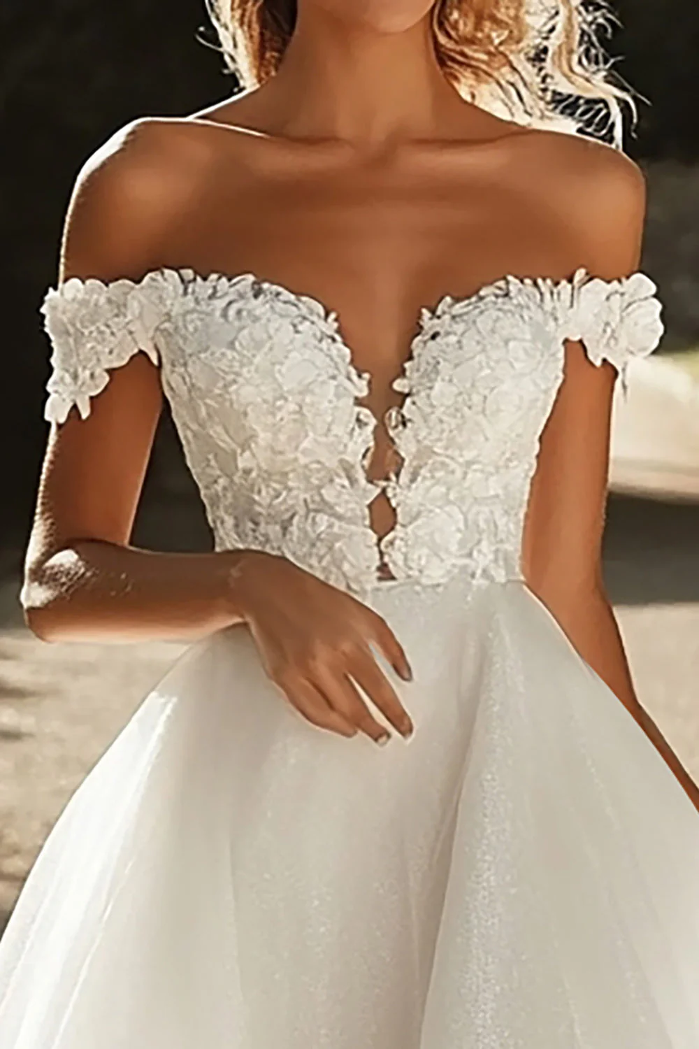 Glitter A Line Off the Shoulder Tulle Ivory Wedding Dress with Appliques - Image 3