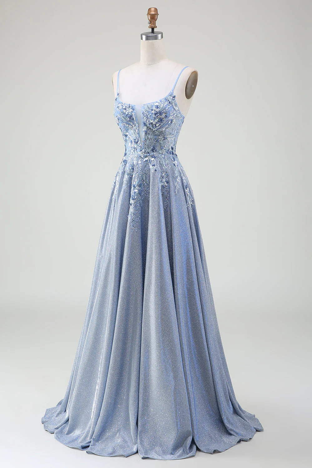 Glitter A-Line Spaghetti Straps Grey Blue Prom Dress - Image 3