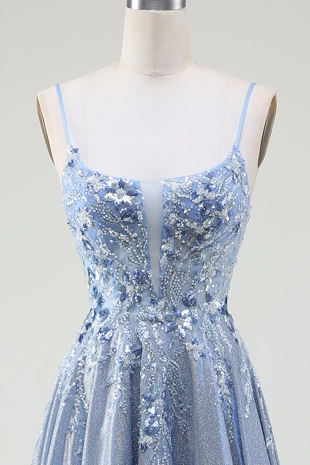 Glitter A-Line Spaghetti Straps Grey Blue Prom Dress - Image 4