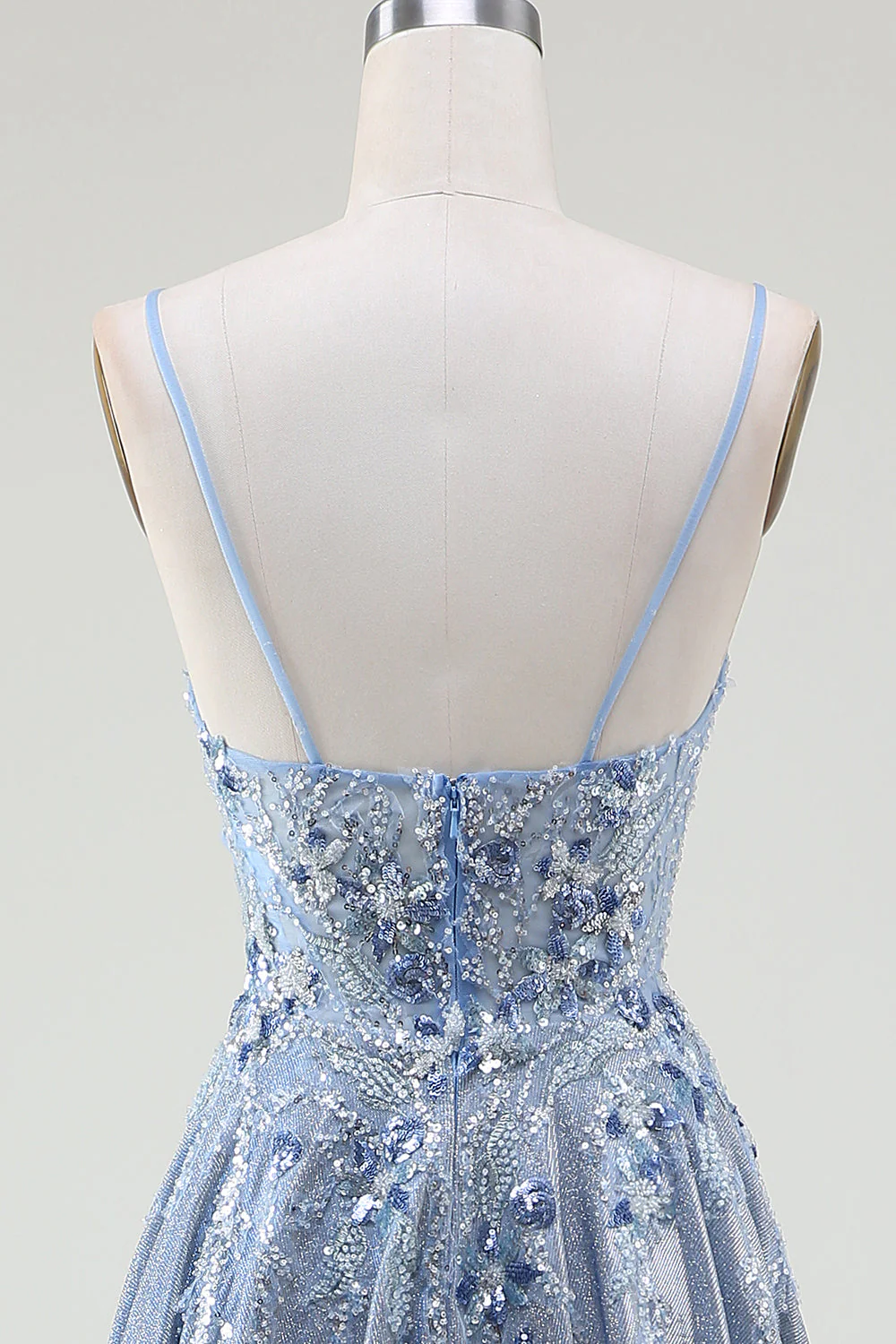 Glitter A-Line Spaghetti Straps Grey Blue Prom Dress - Image 5