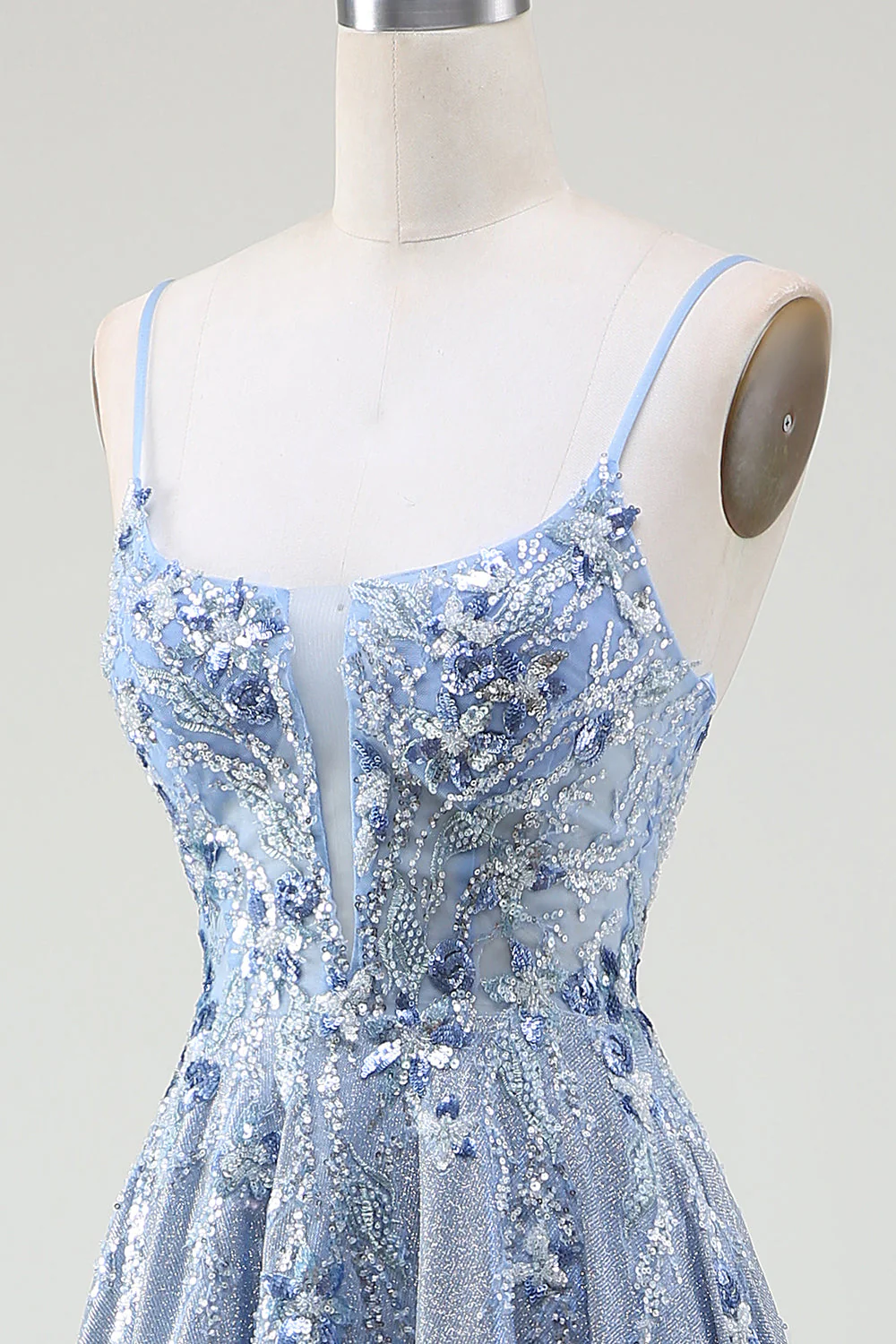 Glitter A-Line Spaghetti Straps Grey Blue Prom Dress - Image 6