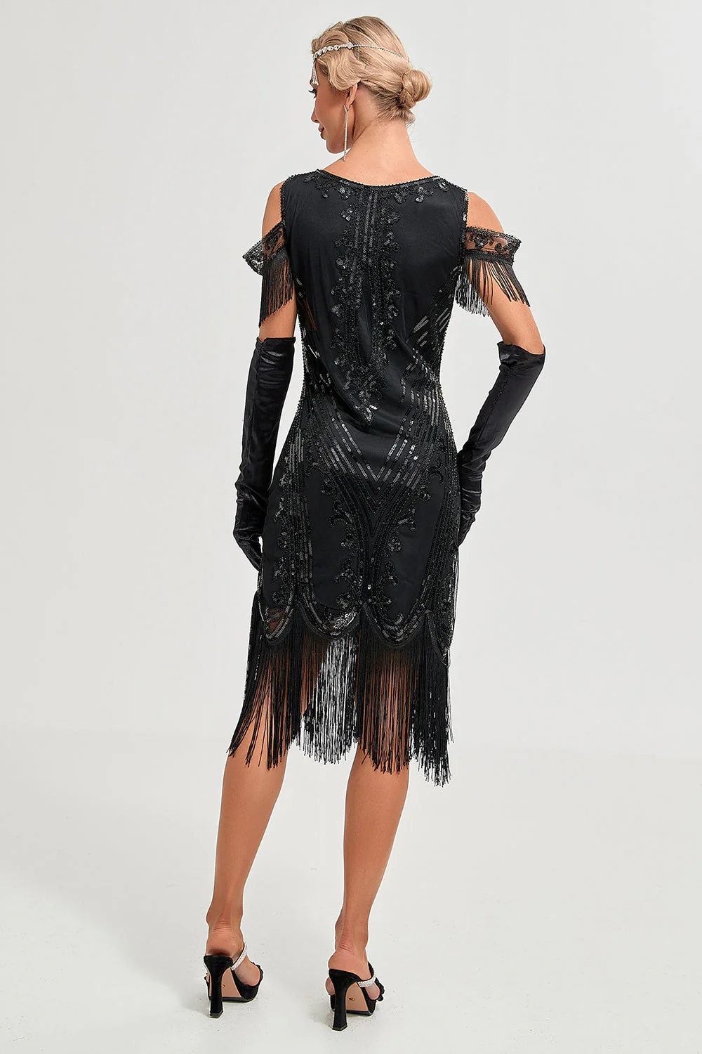 Glitter Black Cold Shoulder Sequins Fringes 1920s Gatsby Dress with Accessories Set - Image 2