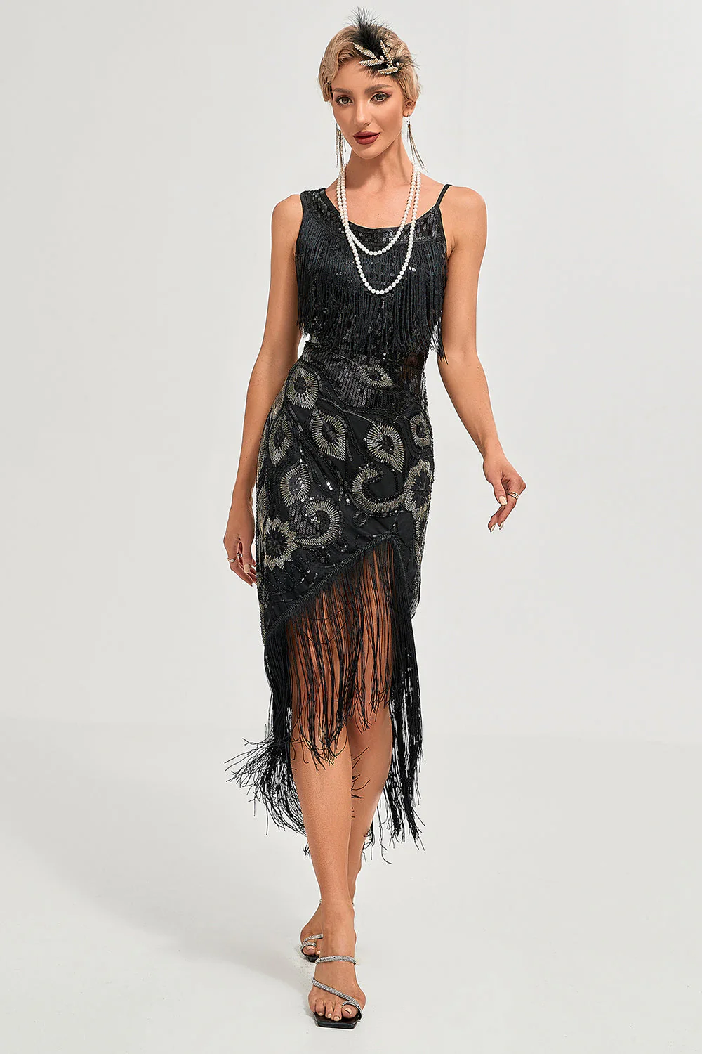 Glitter Black Fringed Sequins 1920s Gatsby Dress with 20s Accessories - Image 4
