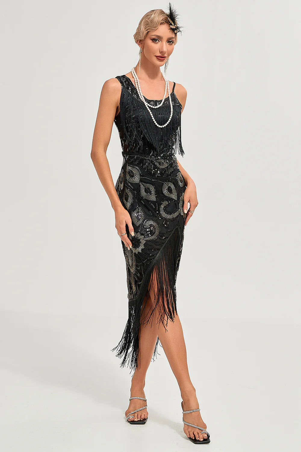 Glitter Black Fringed Sequins 1920s Gatsby Dress with 20s Accessories - Image 5