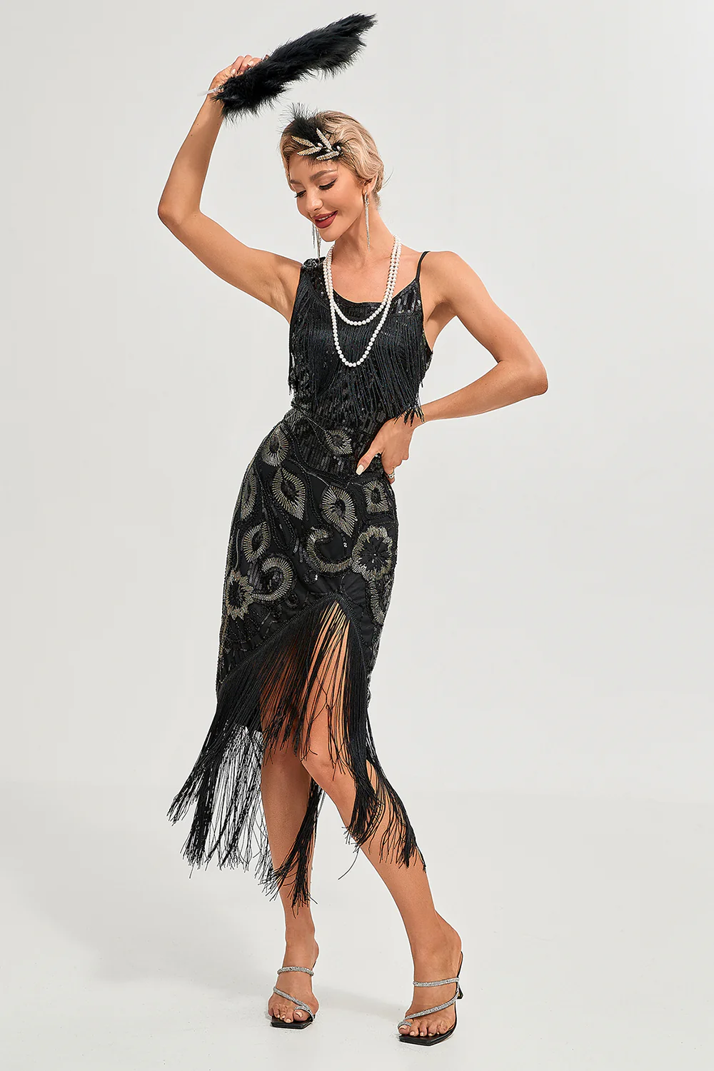Glitter Black Fringed Sequins 1920s Gatsby Dress with 20s Accessories - Image 6