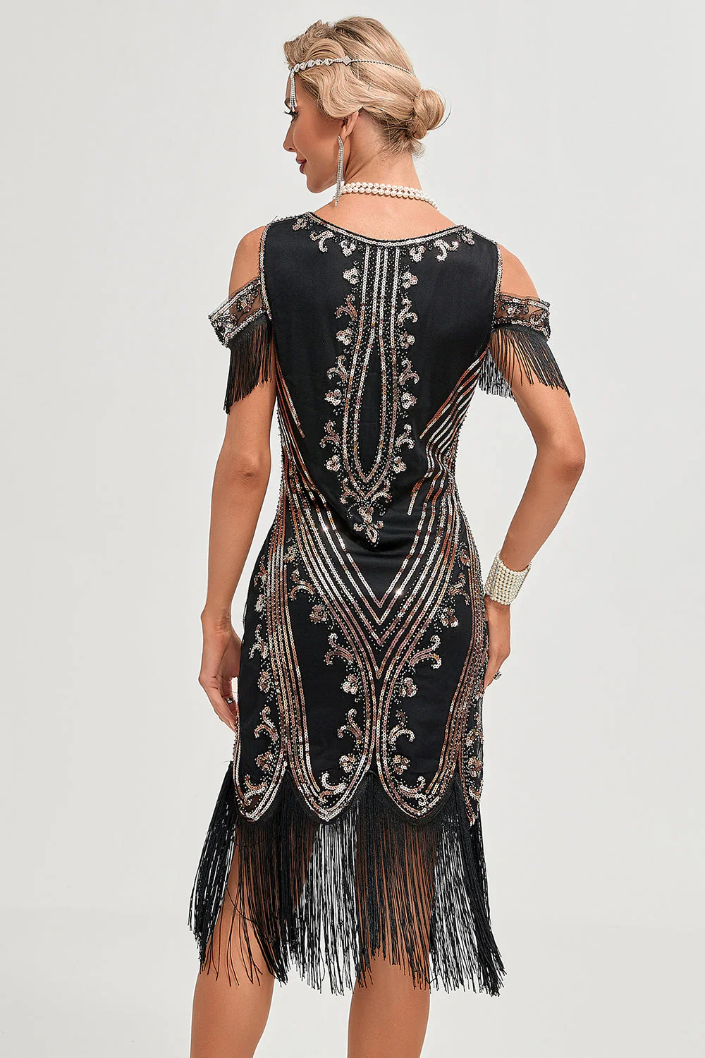 Glitter Black Sequins Fringes 1920s Gatsby Dress with Accessories Set - Image 2