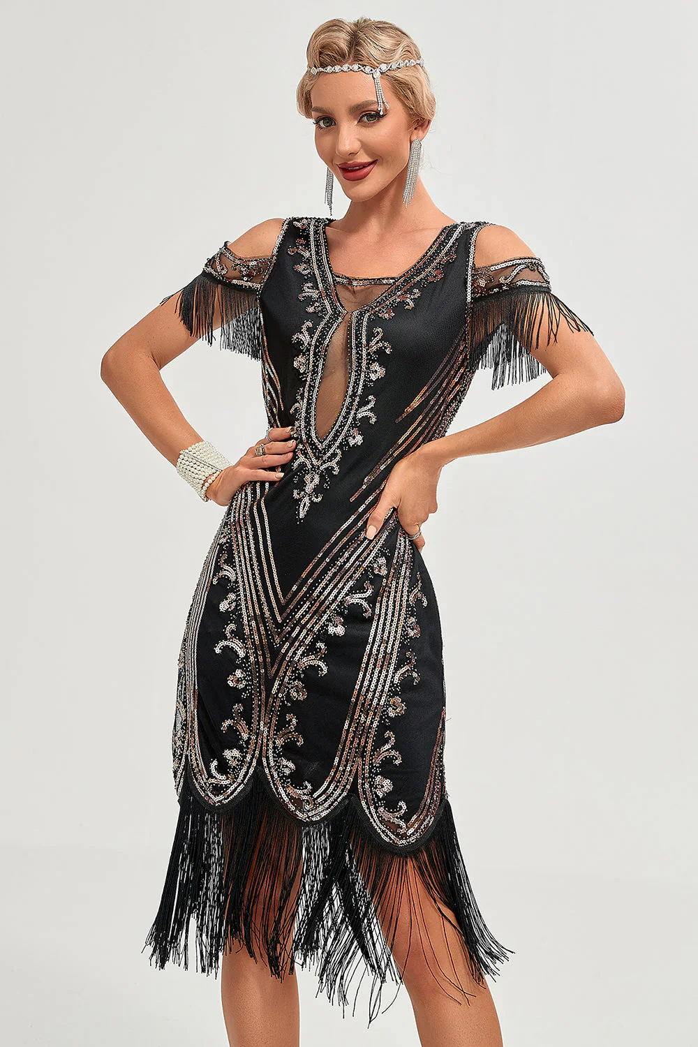 Glitter Black Sequins Fringes 1920s Gatsby Dress with Accessories Set - Image 4